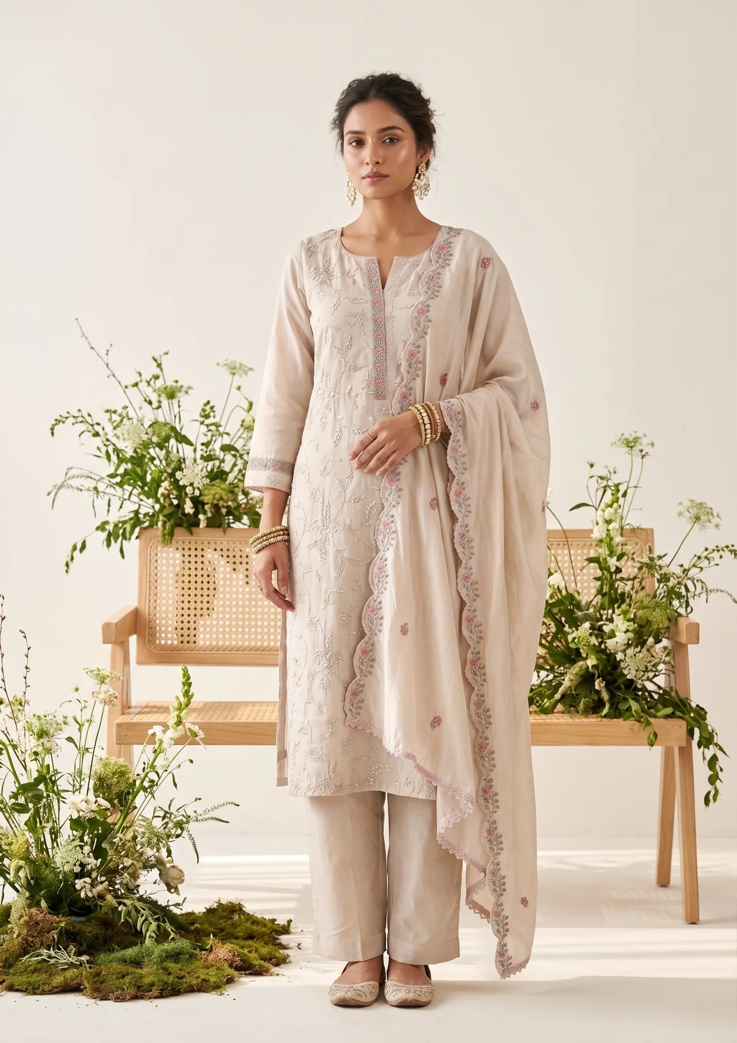 Beige Chanderi Cording Straight Kurta With Regular Pant And Dupatta